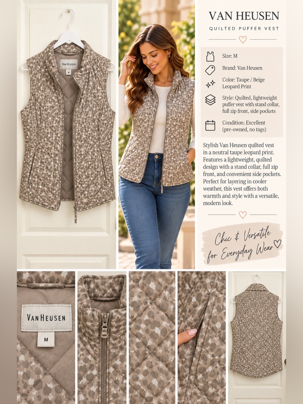 Van Heusen Taupe Leopard Quilted Puffer Vest